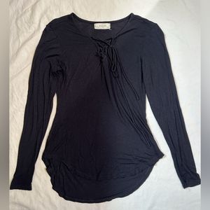 Black Long Sleeve Shirt with Lace Up Neckline Detail by No Comment